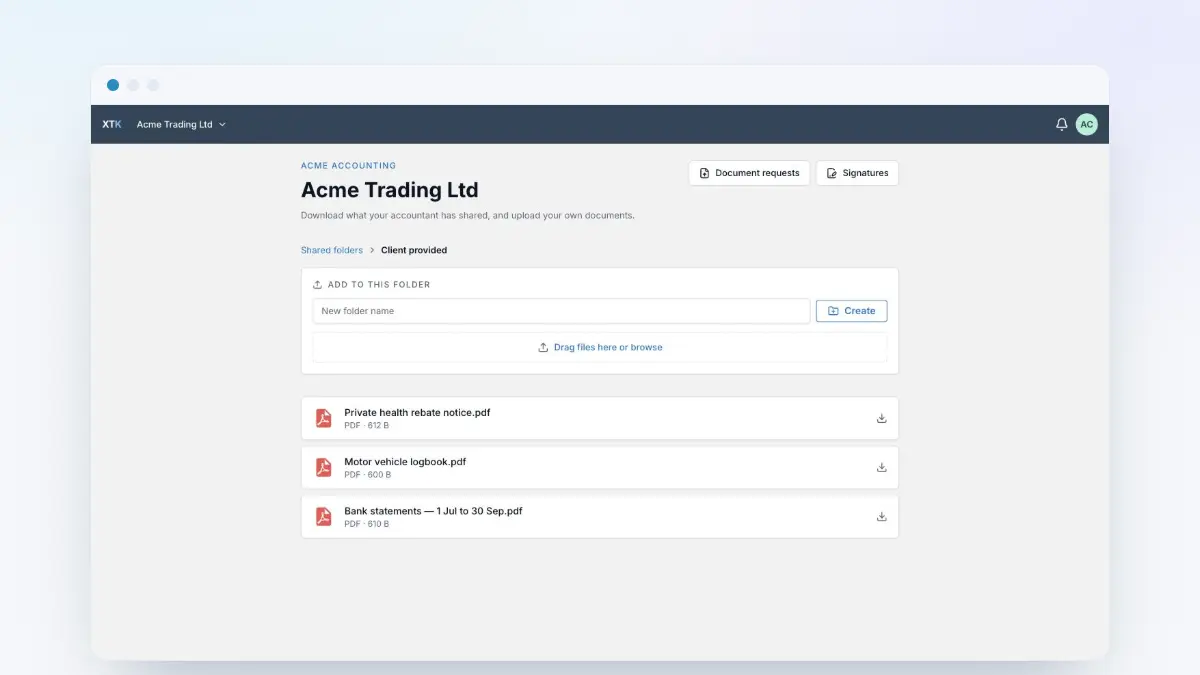The client portal's folder view, where a client downloads what the practice shared and uploads their own files