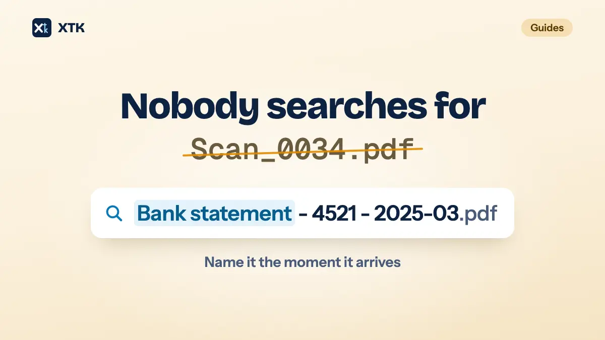 Nobody searches for Scan_0034.pdf: a scanner's file name in grey monospace, struck through in amber, above the same file renamed in a search result card — Bank statement - 4521 - 2025-03.pdf, with the words Bank statement highlighted as the match — and the line Name it the moment it arrives