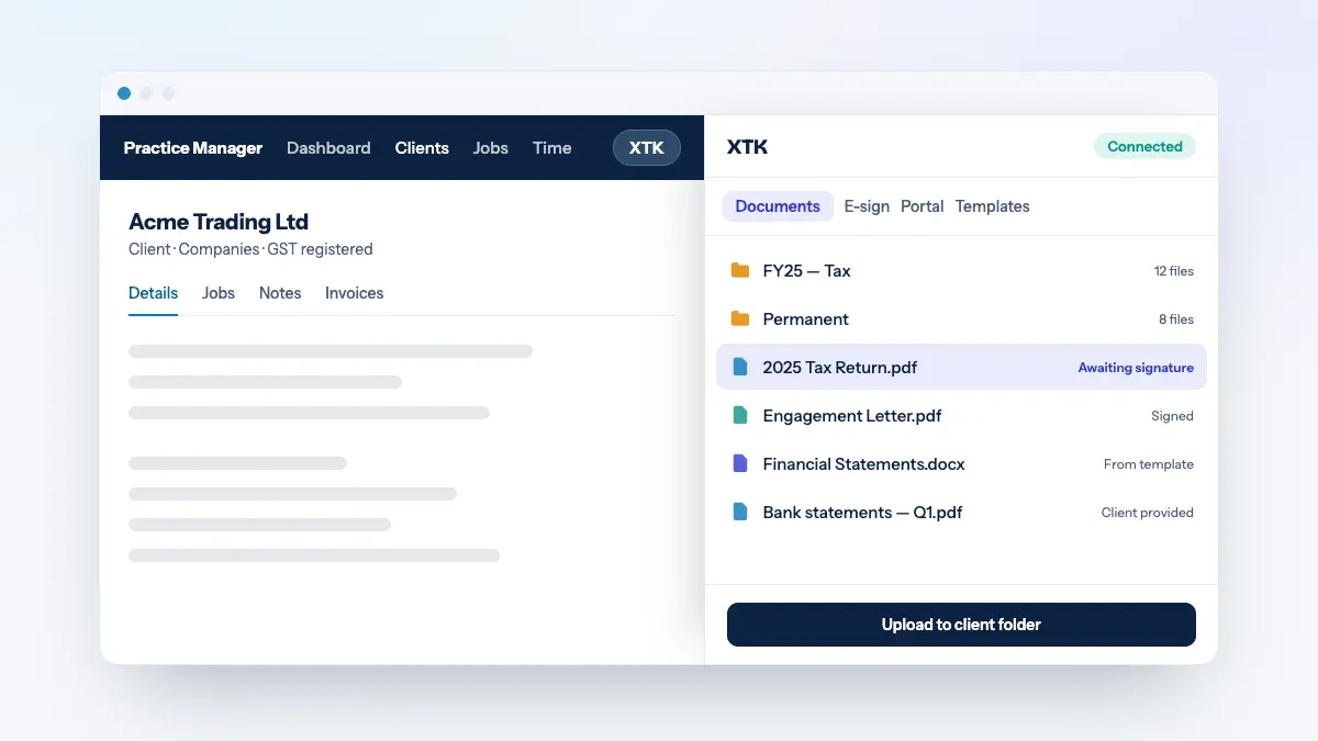 The XTK panel open beside a client record in Practice Manager, listing that client's folders and documents