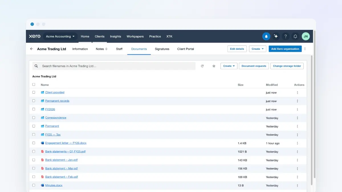 A client's Drive folders listed in the XTK Documents tab, one folder per year and work type