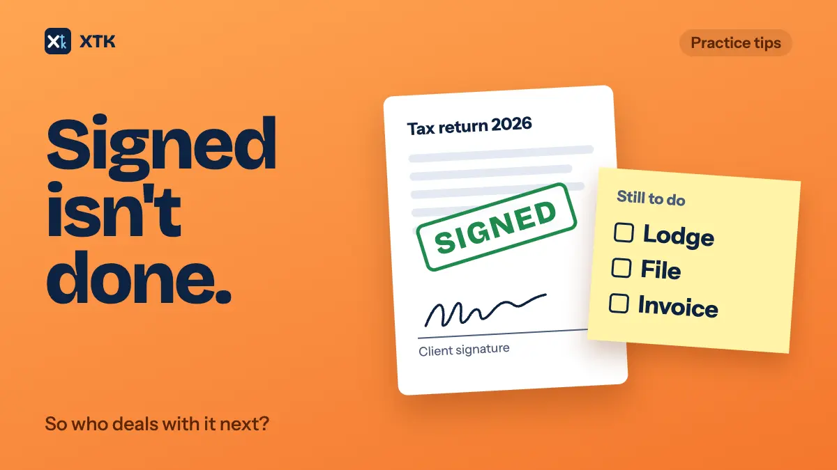 Signed isn't done. On a tangerine ground, a tax return stamped Signed beside a sticky note of three unticked steps: lodge, file, invoice