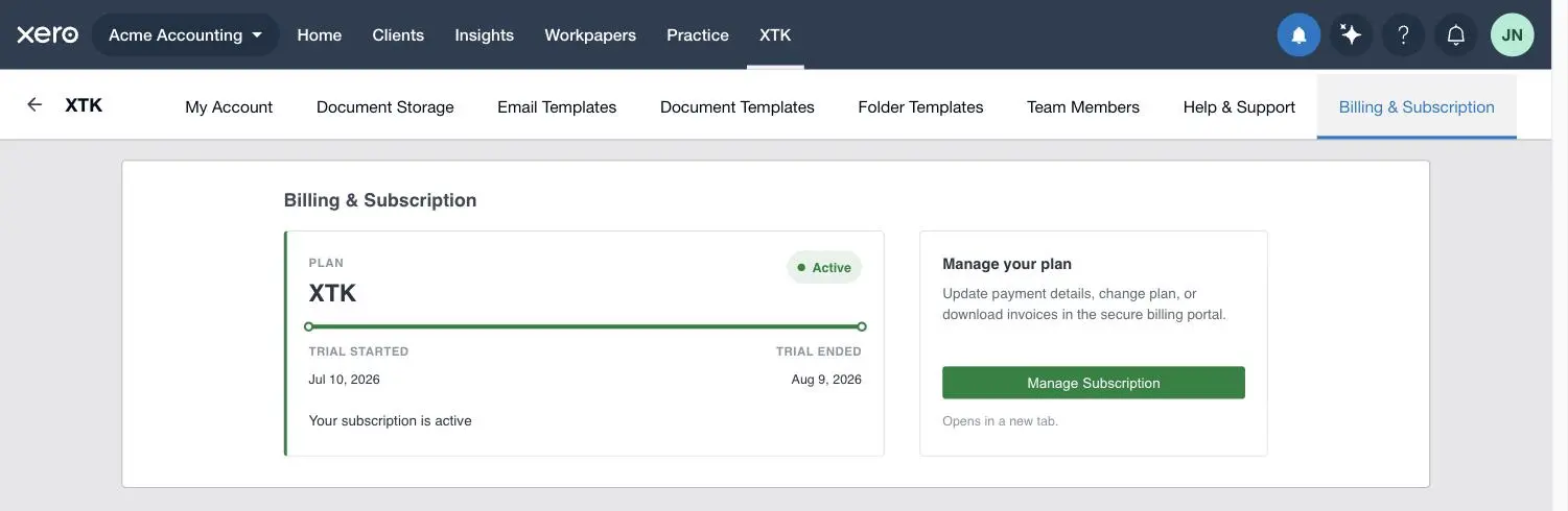 The Billing & Subscription tab in the XTK panel for Acme Accounting, showing the XTK plan card with its Active status pill, a full progress strip, the trial started and trial ended dates and the line “Your subscription is active”, beside the Manage your plan rail and its Manage Subscription button