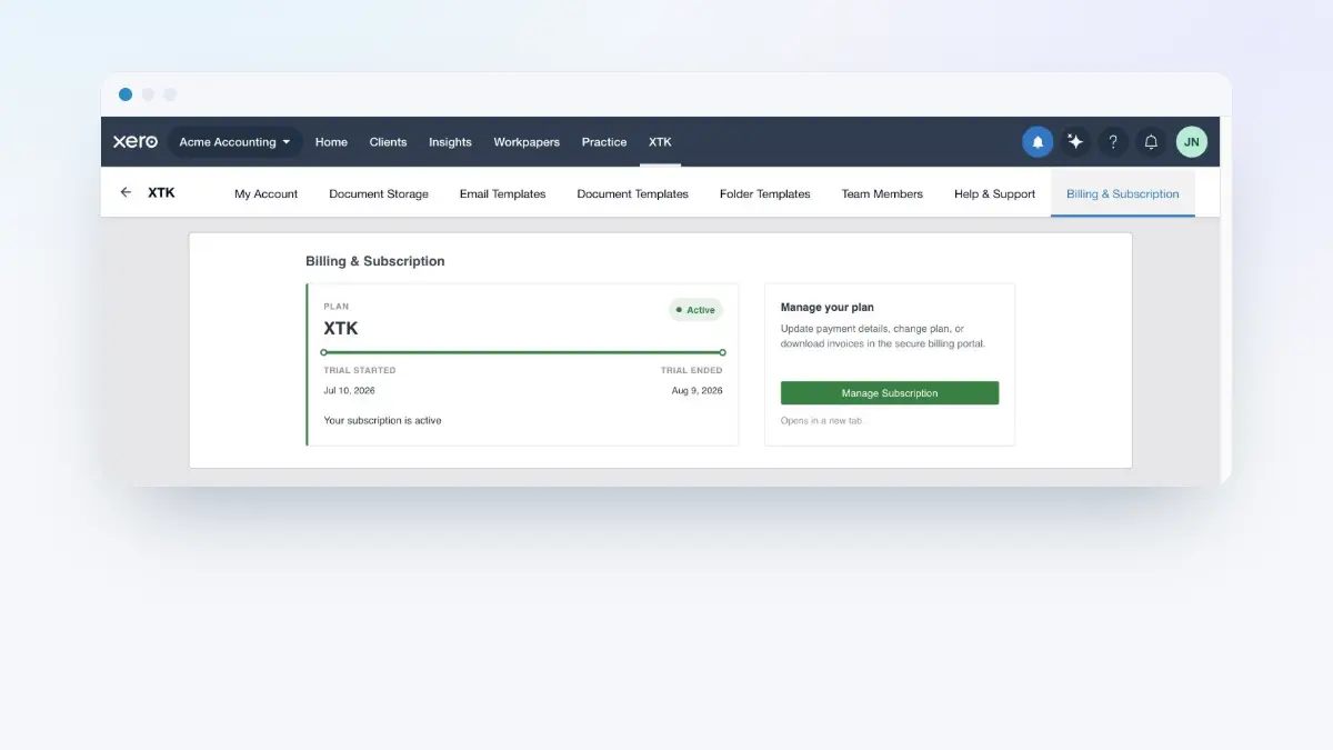 The Billing & Subscription tab in the XTK panel, showing the plan card with its status pill and the Manage Subscription button