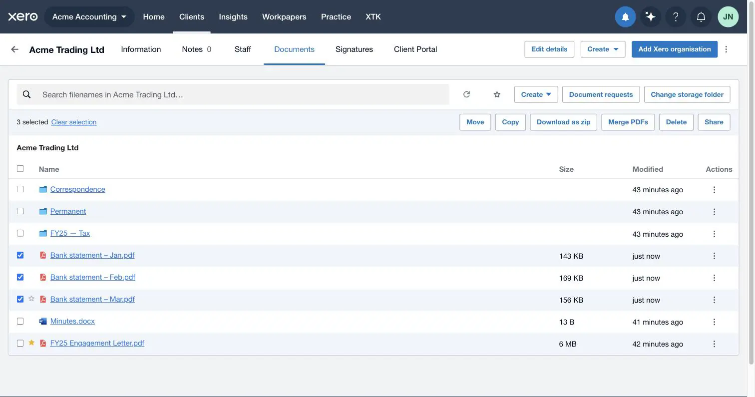 Three PDFs selected in XTK's Documents tab in Xero Practice Manager, with the selection bar offering Move, Copy, Download as zip, Merge PDFs, Delete and Share