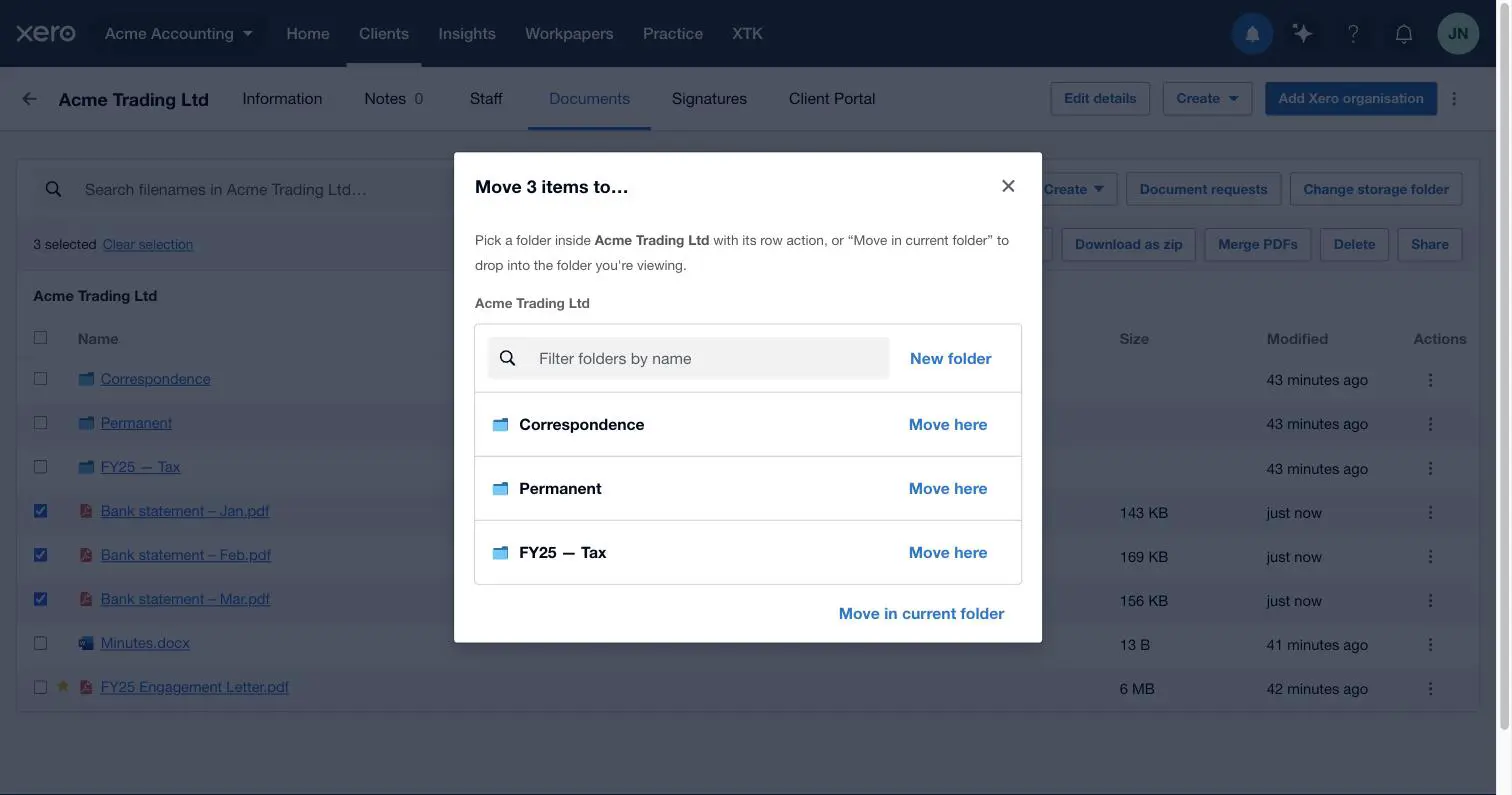 XTK's Move dialog in Xero Practice Manager listing the client's folders with Move here buttons, a name filter and a New folder button