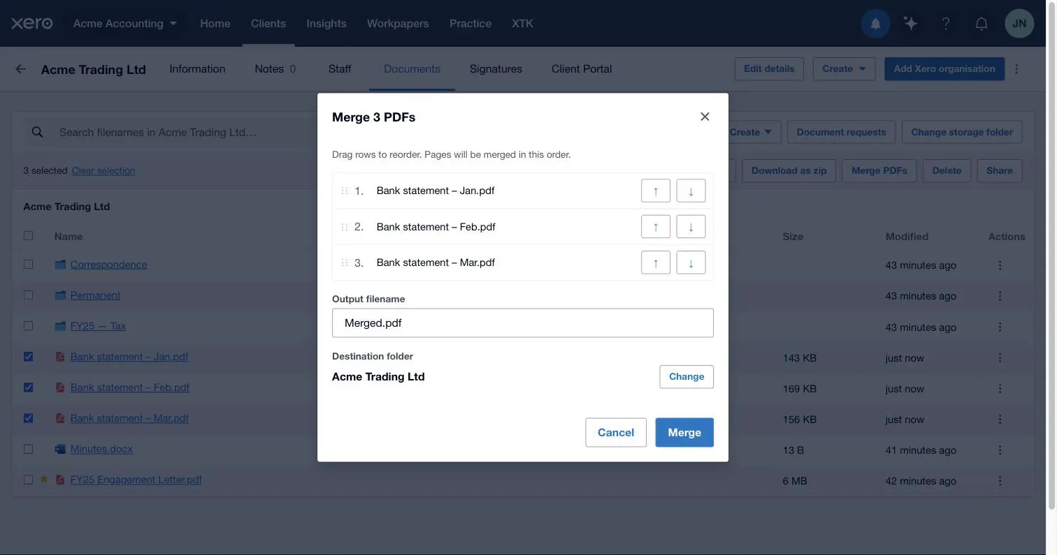 The Merge 3 PDFs dialog in XTK for Xero Practice Manager with a reorderable file list, output filename field and destination folder