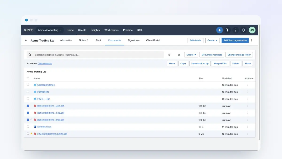 XTK's selection bar in the Documents tab with three PDFs selected, offering Move, Copy, Download as zip, Merge PDFs, Delete and Share