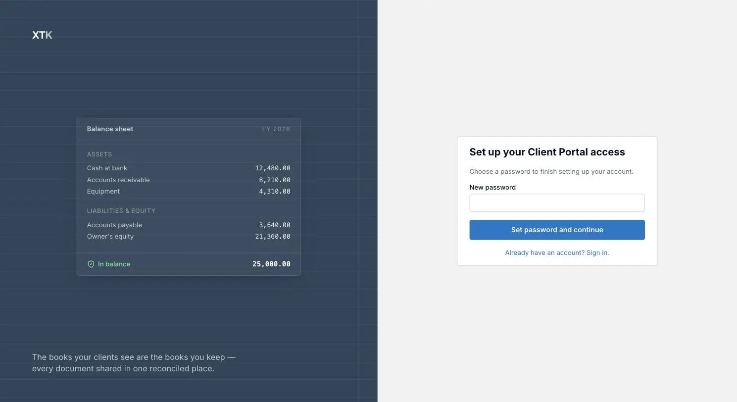 The XTK client portal accept-invite page asking a new client to choose a password to finish setting up their account