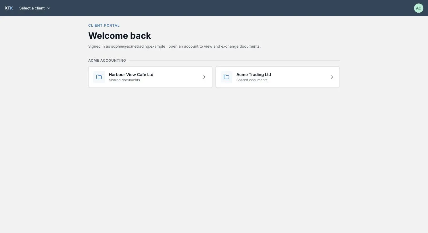 The XTK client portal hub after signing in, listing two client portals grouped under the accounting practice that shared them