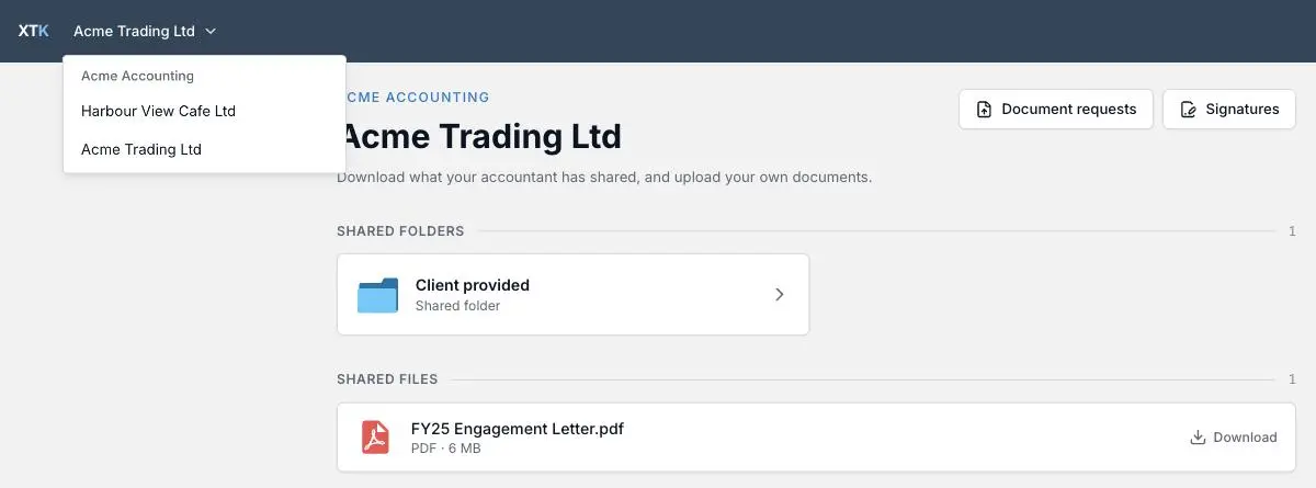The client portal switcher open in the top bar, listing each client portal under its accounting practice heading