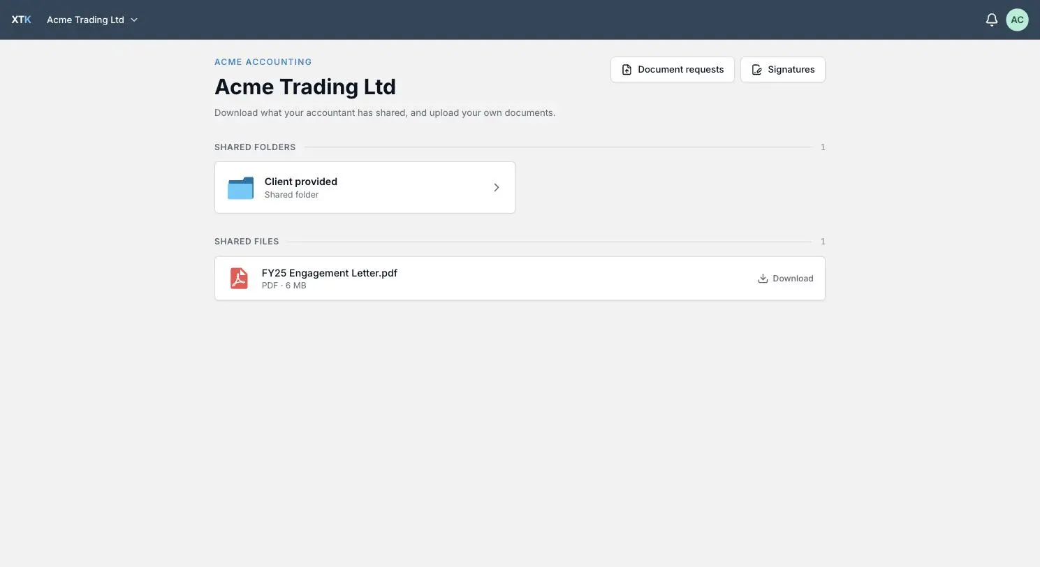 A client portal showing one shared folder and one shared file with its type and size, ready to download