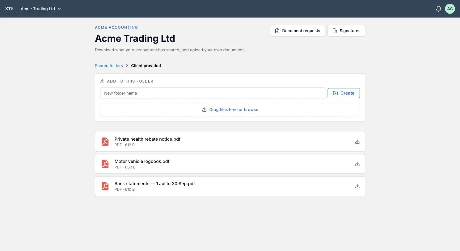 Inside a shared folder in the XTK client portal, showing the Add to this folder card above the documents the accountant has shared
