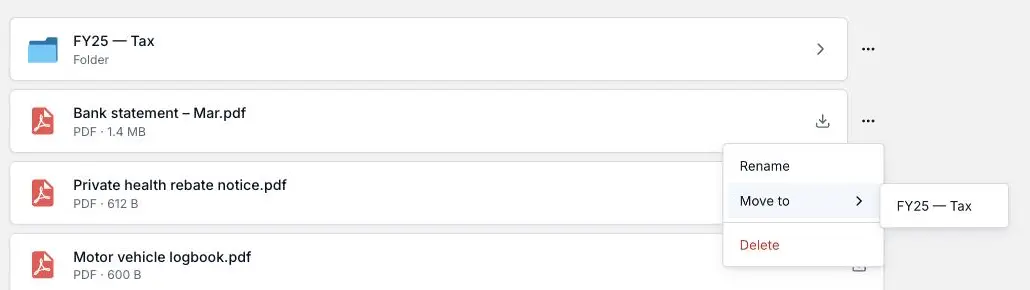 The menu on a client's own uploaded file in the XTK client portal, offering Rename, Move to and Delete within the ten-minute window