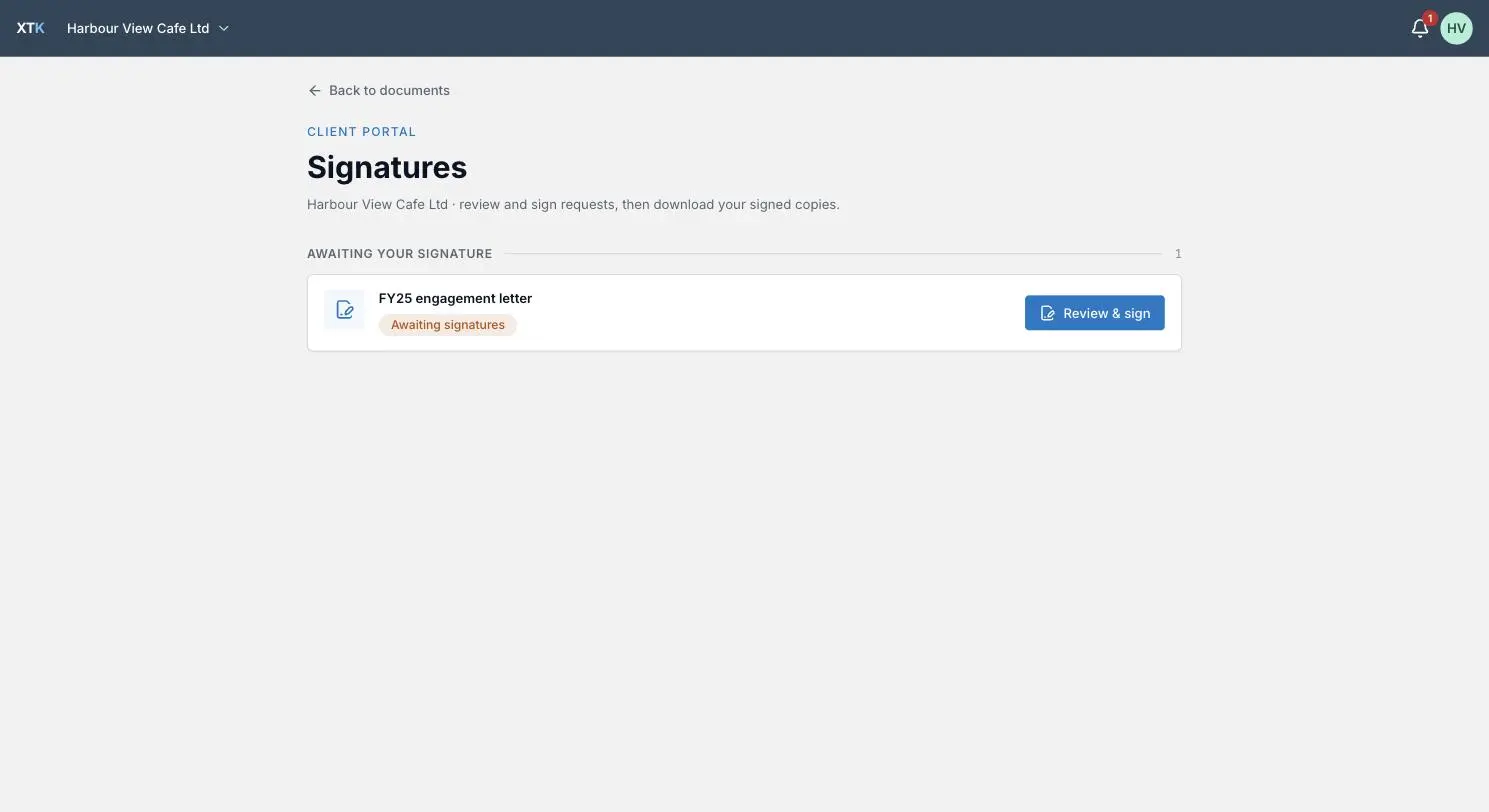 The Signatures section of the XTK client portal with a document awaiting the client's signature and a Review and sign button