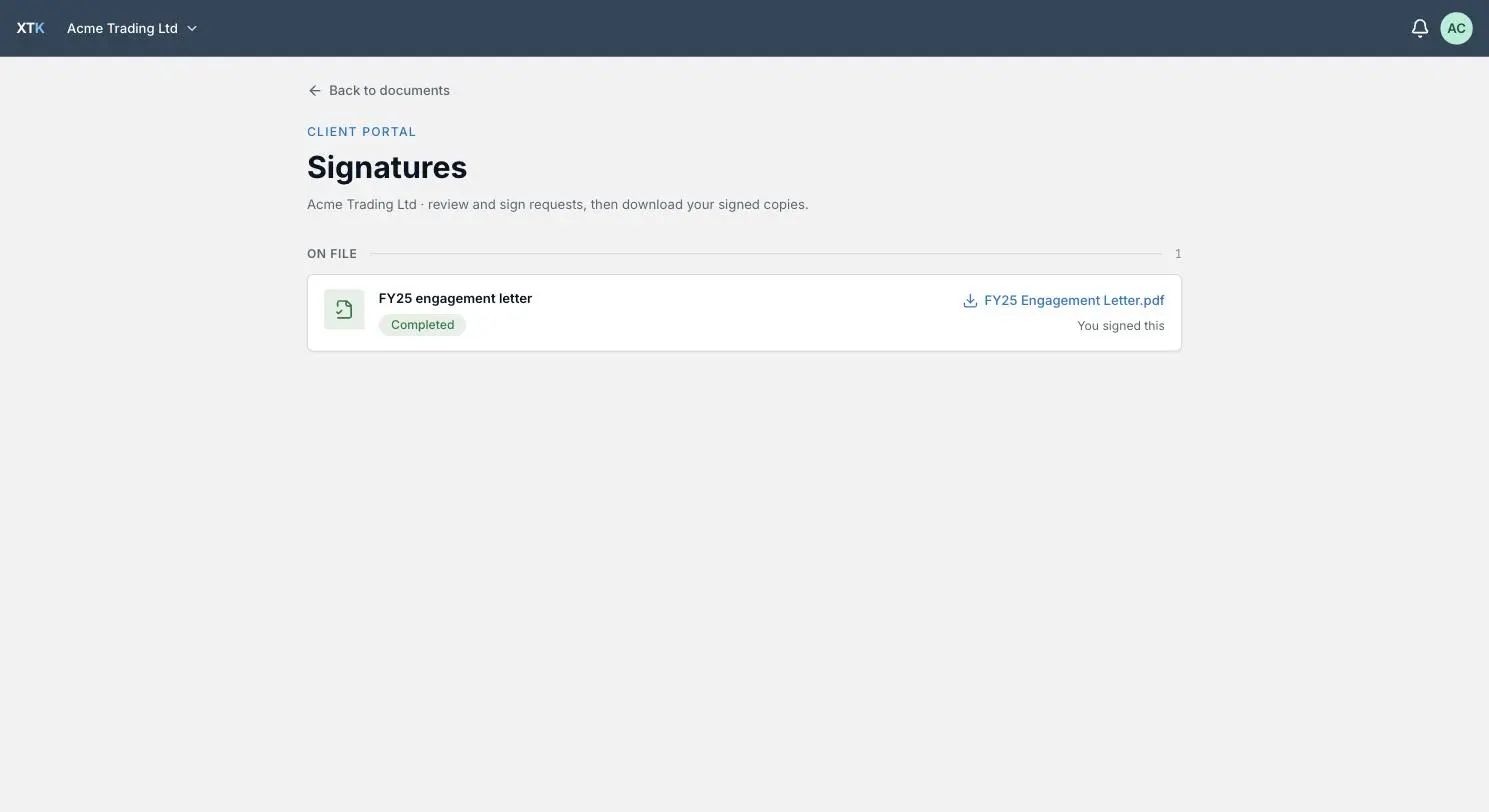 A completed signature request on file in the XTK client portal, marked Completed with the signed PDF available to download