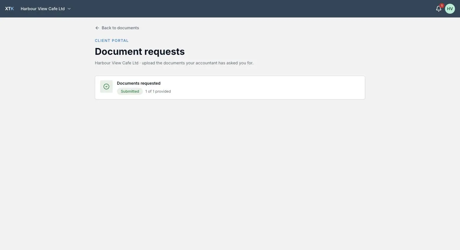 The Document requests section of the XTK client portal showing a submitted request with its provided count