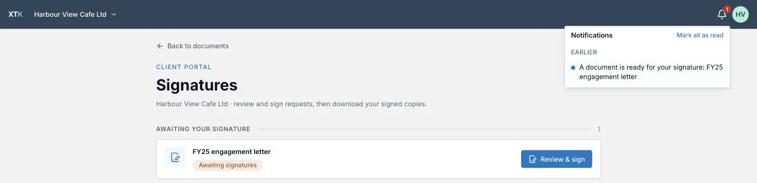 The notification bell open in the XTK client portal, showing a document ready for the client's signature