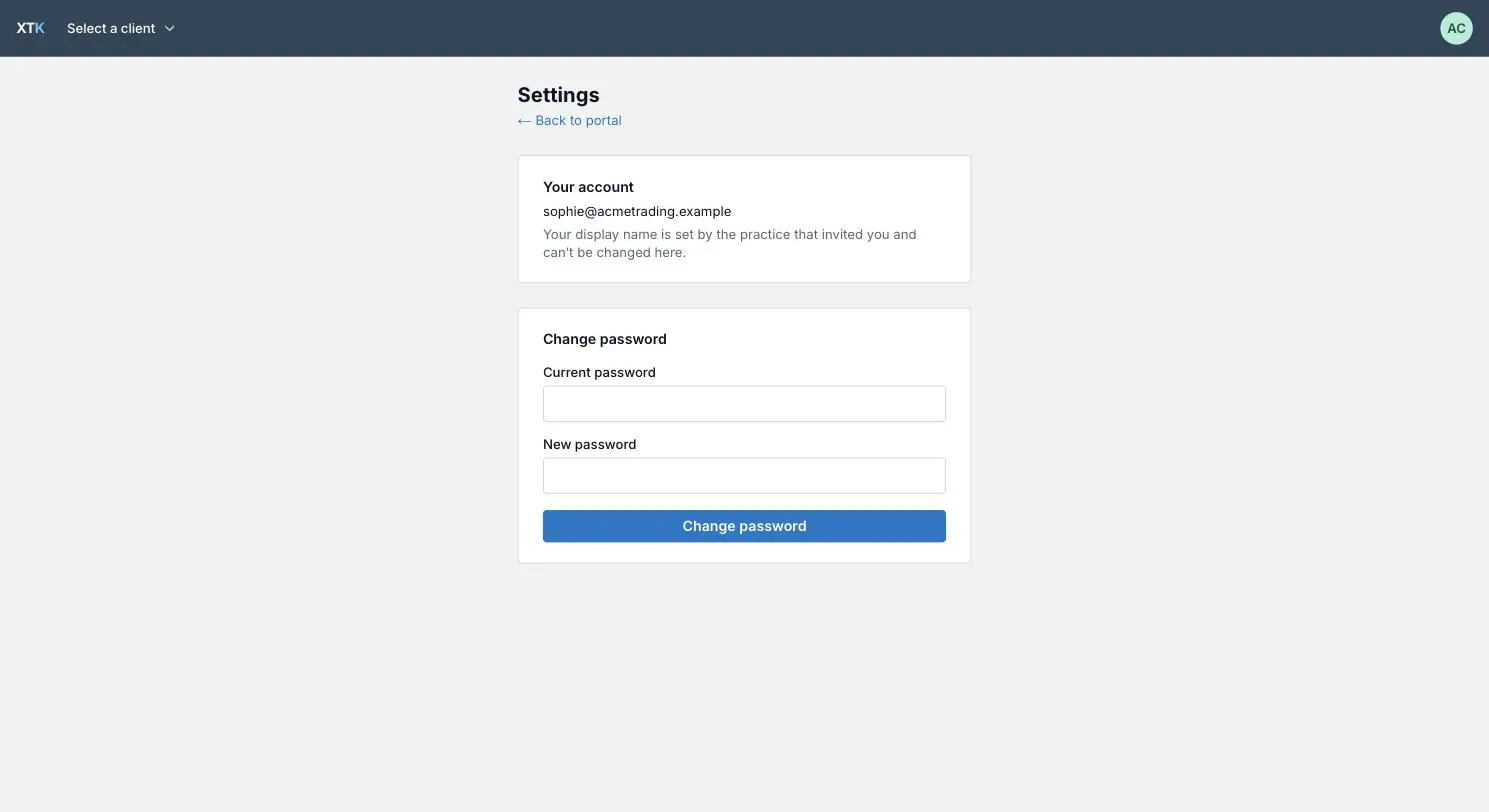 The Settings page of the XTK client portal, showing the client's email address and the change-password form
