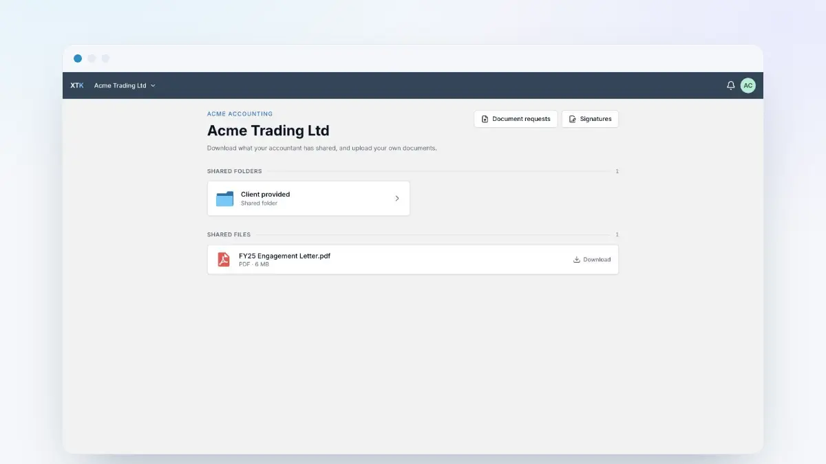 The XTK client portal open in a browser showing a client's shared folders and shared files, ready to download or upload
