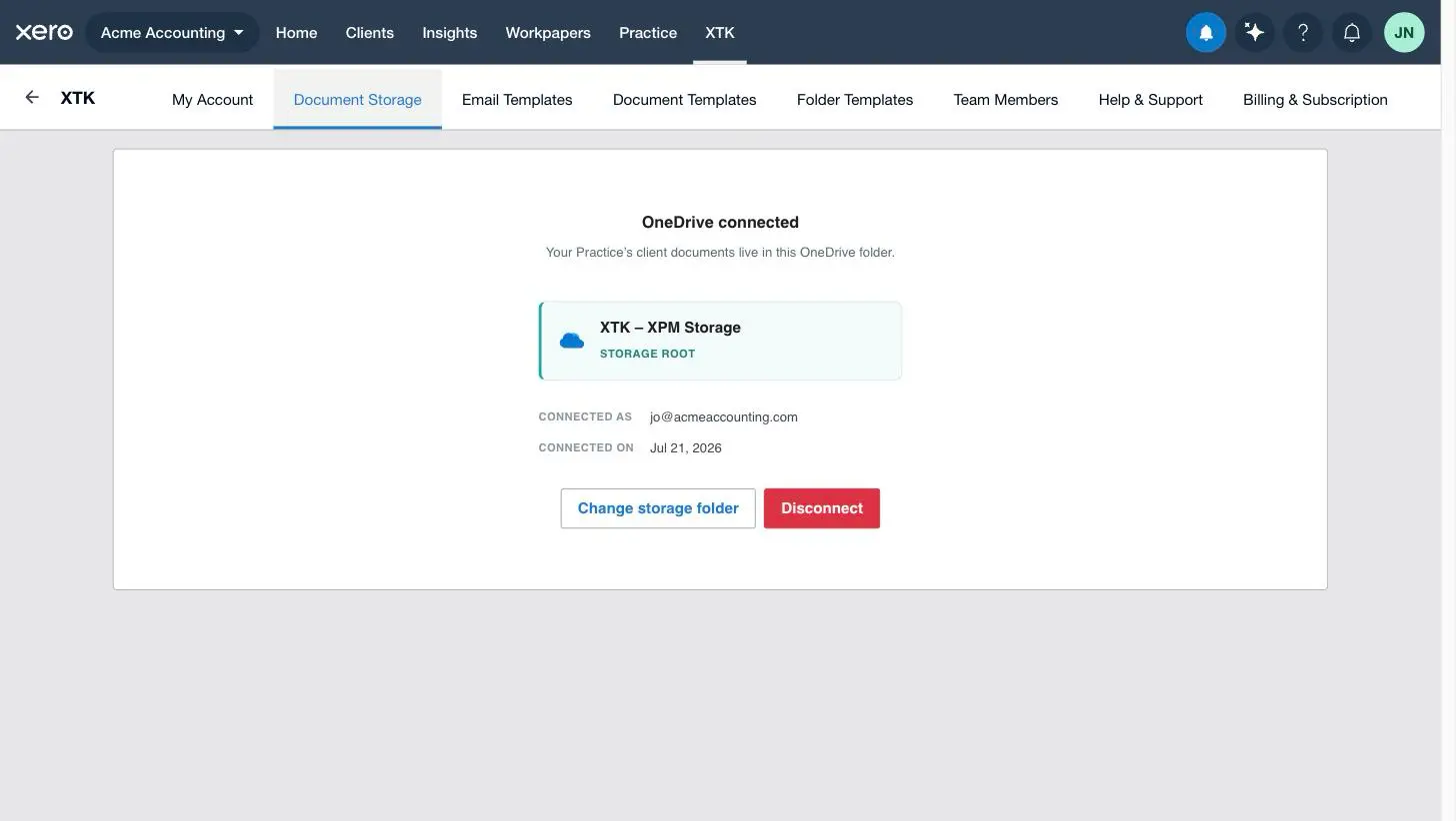 The XTK Document Storage tab in Xero Practice Manager showing OneDrive connected, with the storage root folder, the connected account and the Change storage folder and Disconnect buttons