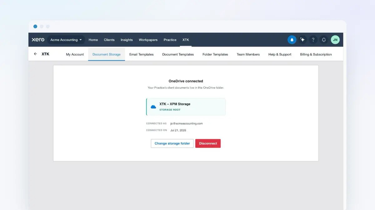 The XTK Document Storage tab in Xero Practice Manager showing a connected OneDrive and the practice's storage root folder