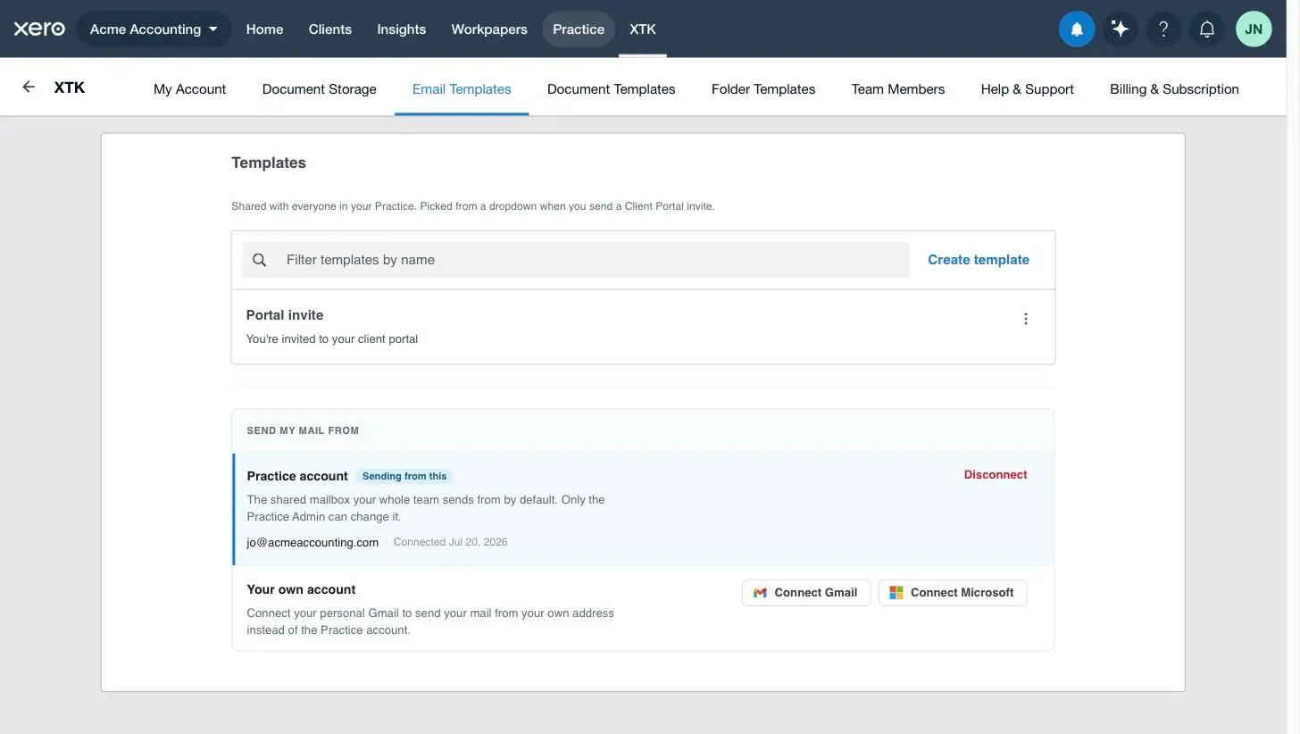 The Send my mail from section in XTK's Email Templates tab, with a connected Practice account and Connect Gmail and Connect Microsoft buttons to send email from Xero Practice Manager
