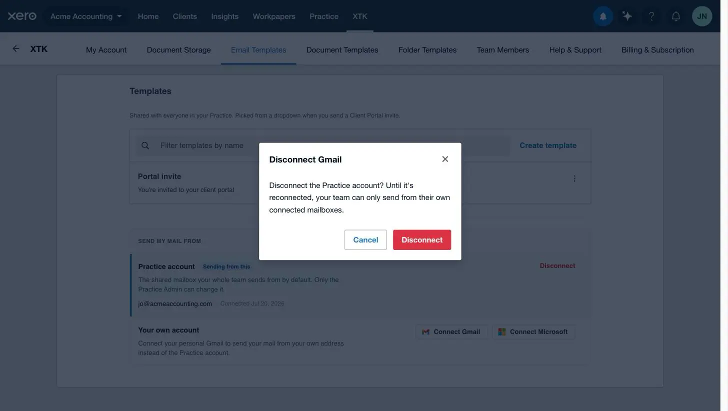 XTK's confirmation dialog when disconnecting the Practice account mailbox, warning that the team can only send from their own connected mailboxes until it is reconnected