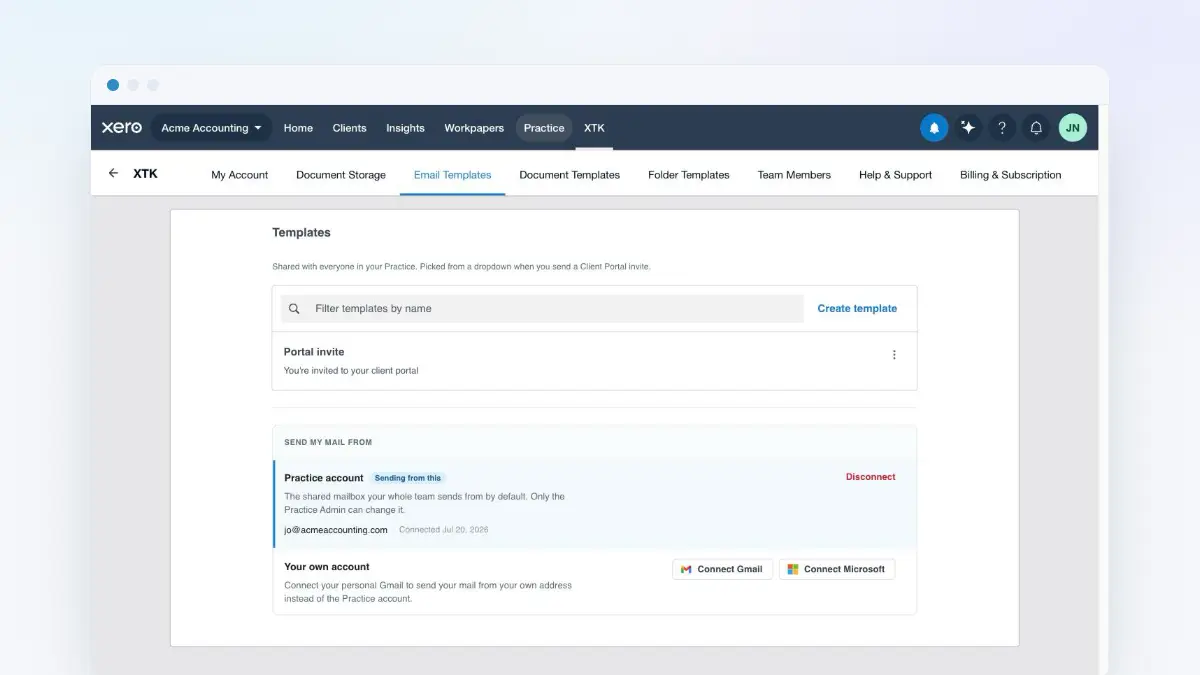 The XTK Email Templates tab in Xero Practice Manager with the Send my mail from section showing a connected Practice account