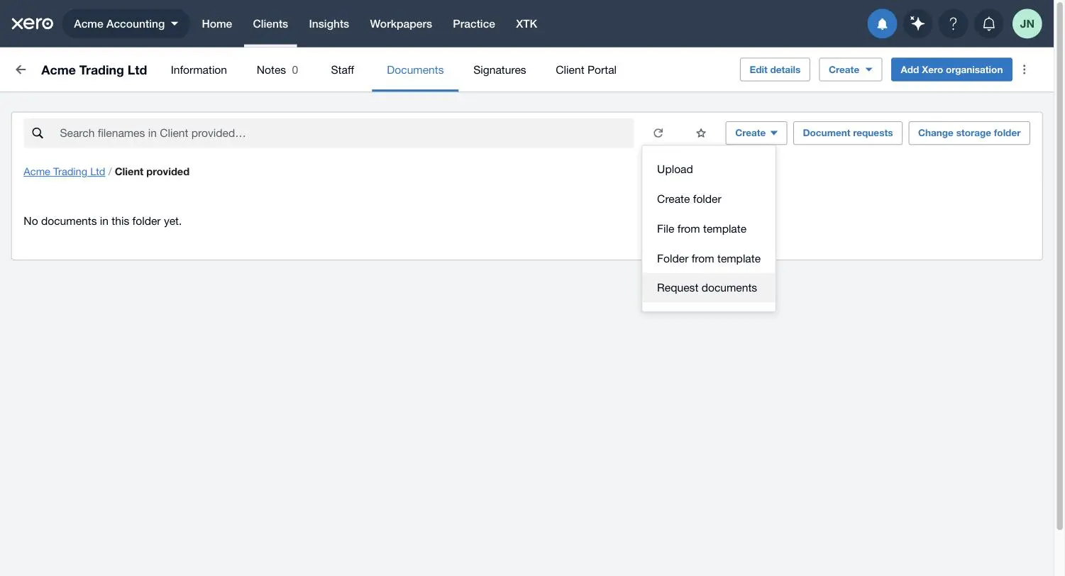 The Create menu in XTK's Documents tab in Xero Practice Manager with Request documents highlighted, used to request documents from clients