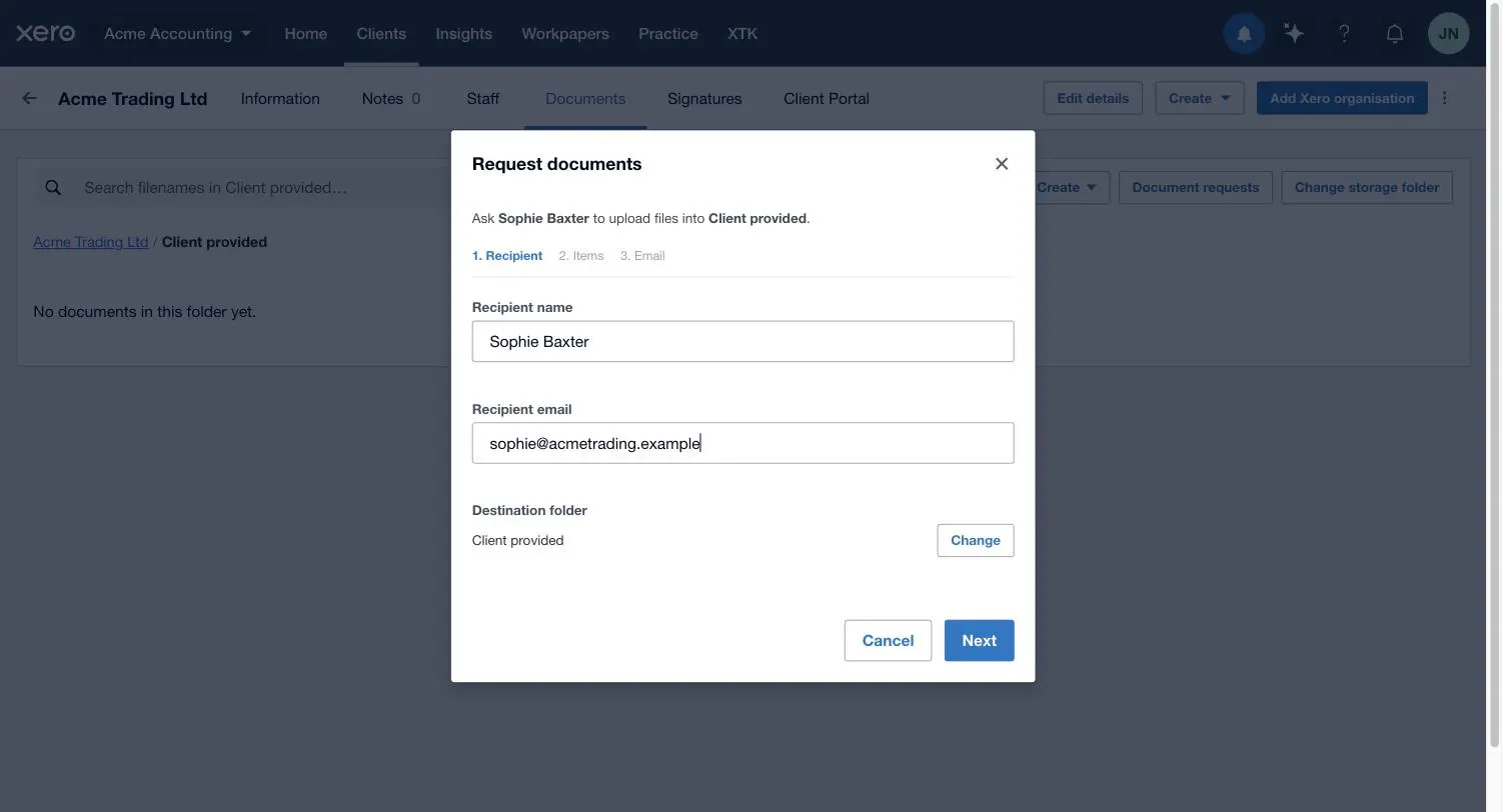 Step 1 of XTK's Request documents wizard in Xero Practice Manager showing the recipient name, recipient email and destination folder fields