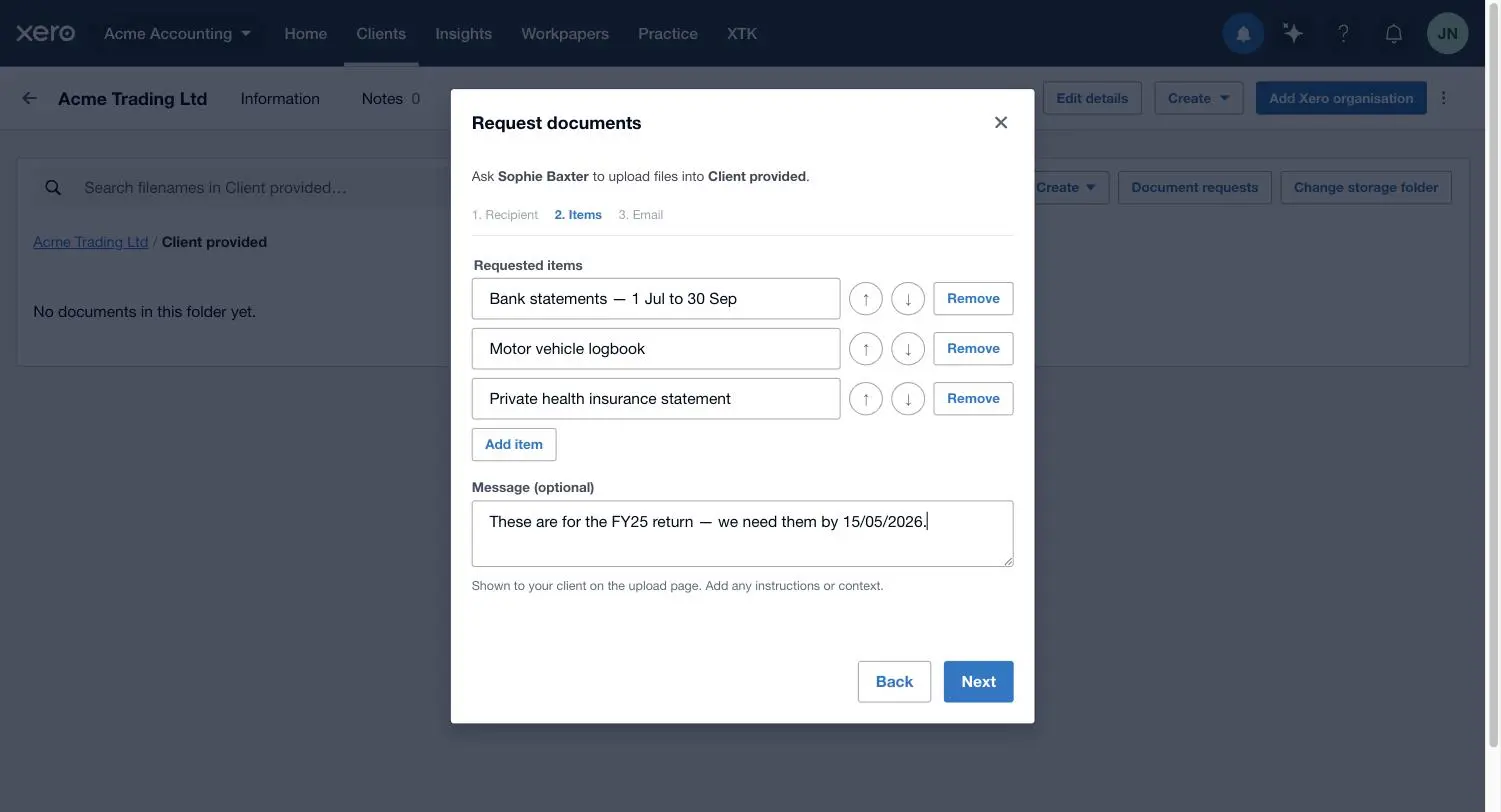 Step 2 of XTK's Request documents wizard listing the requested items a client must supply, with reorder and remove controls and an optional message