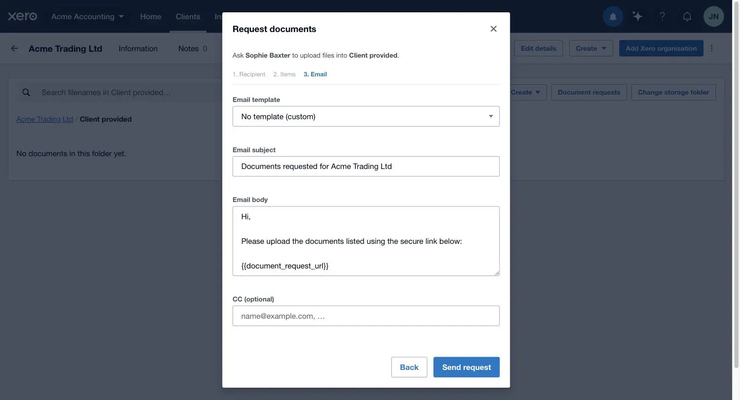 Step 3 of XTK's Request documents wizard with the Email template dropdown, subject, body containing the document_request_url variable and a CC field