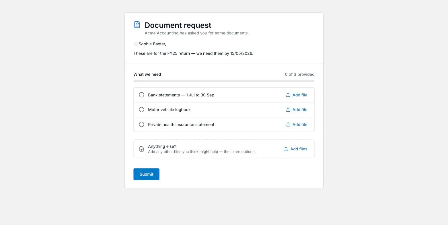 The client-facing document request upload page showing the What we need checklist, a provided count and progress bar, and the Anything else extras section
