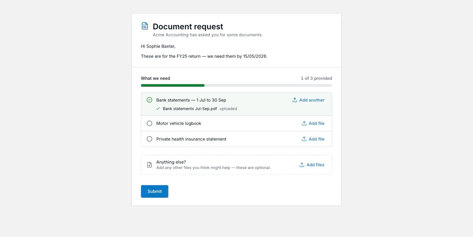 A requested item on the client's document request page flipped to provided, with a green tick, the uploaded filename and the progress count increasing