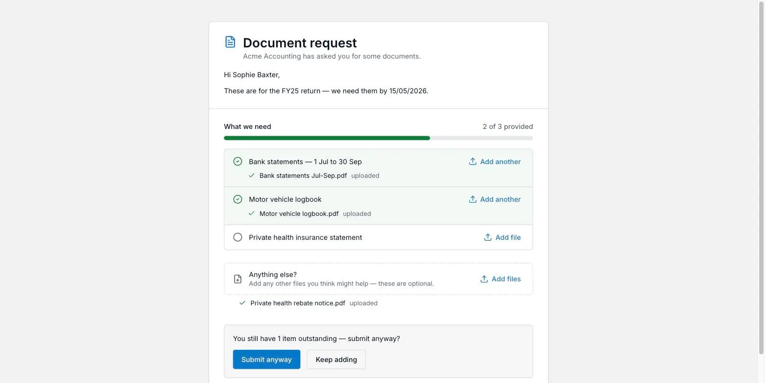 The client's document request page asking You still have 1 item outstanding — submit anyway, with Submit anyway and Keep adding buttons