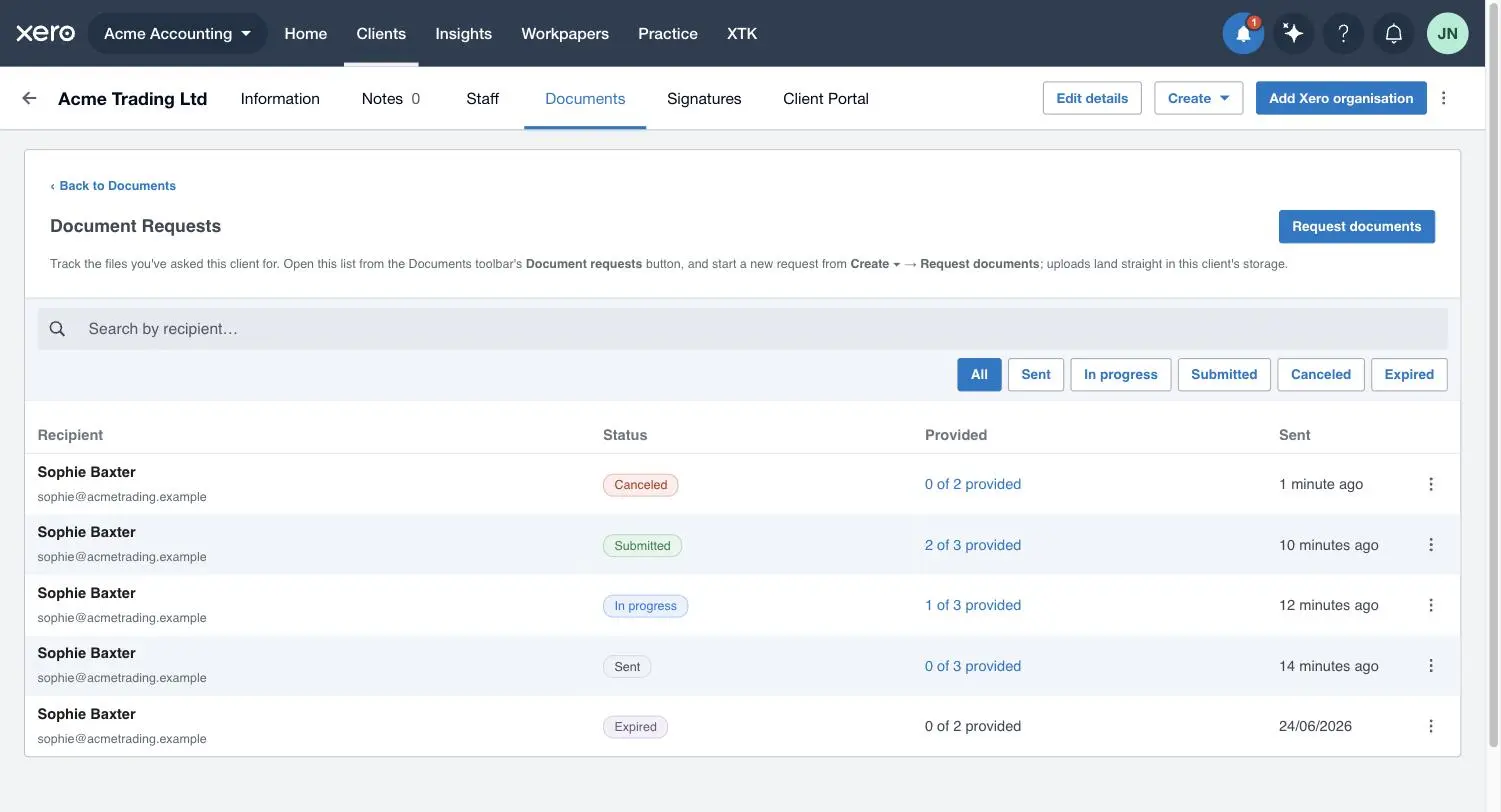 XTK's Document Requests tracking list in Xero Practice Manager showing recipient, status, provided count and sent date for each request, with status filter buttons