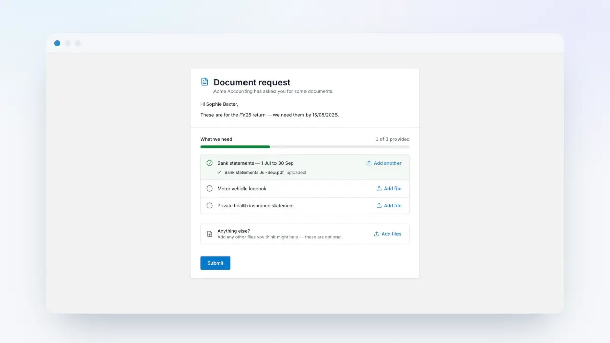 The client's document request upload page showing a checklist of requested items, a provided count and an optional extras bucket