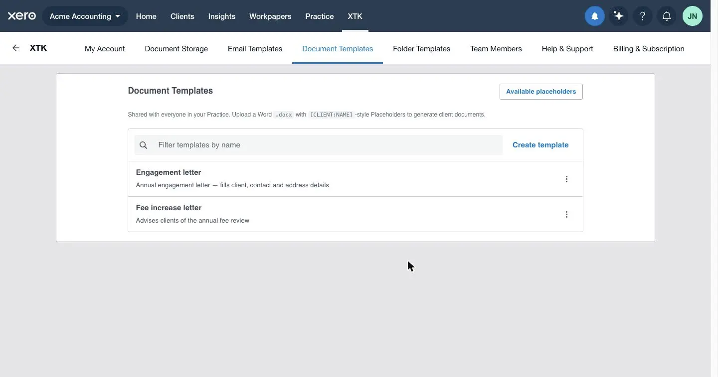 The Document Templates tab in the XTK panel for Xero Practice Manager listing two shared document templates with a filter box and Create template button