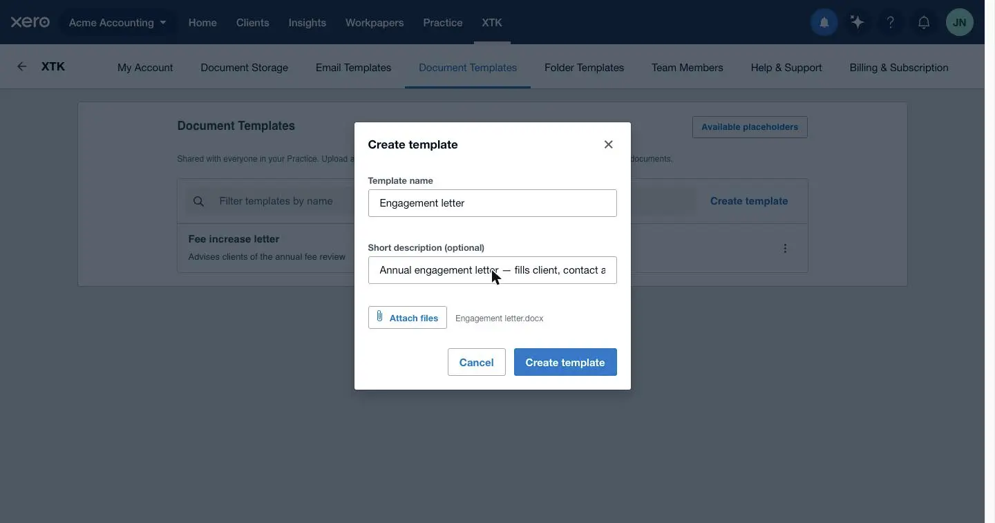 XTK's Create template dialog with a template name, short description and an attached Word .docx ready to upload