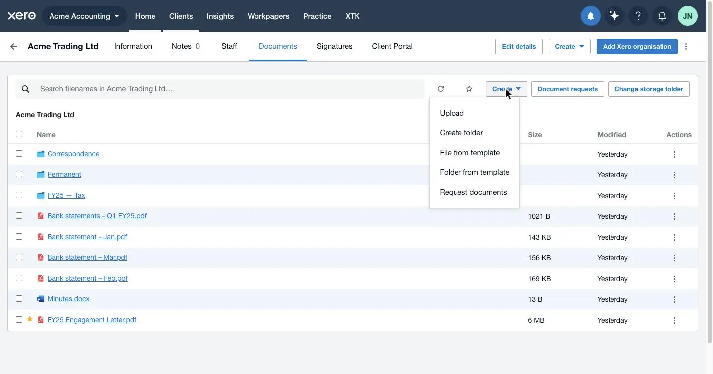 The Create menu in XTK's Documents tab in Xero Practice Manager with File from template highlighted