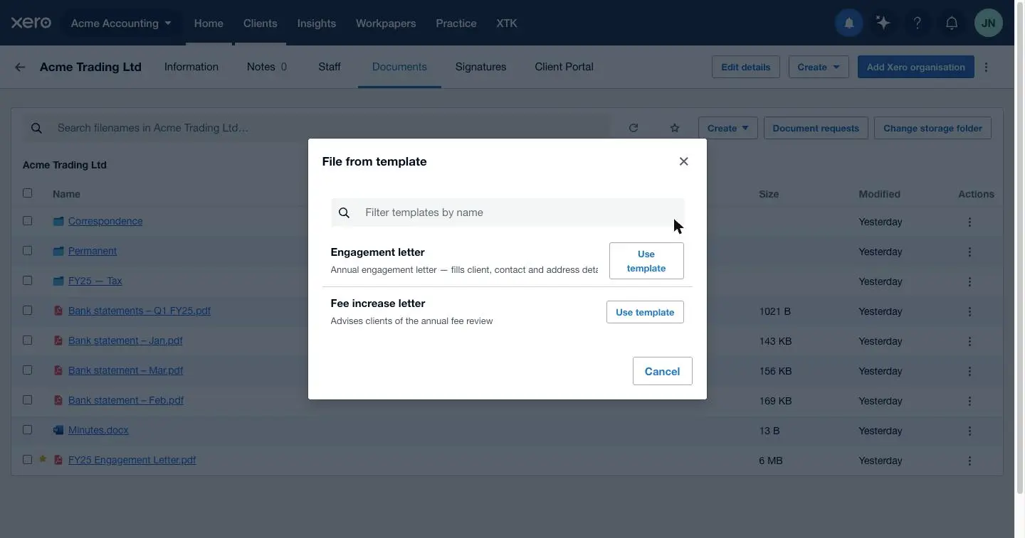 XTK's File from template dialog listing the practice's shared document templates with Use template buttons