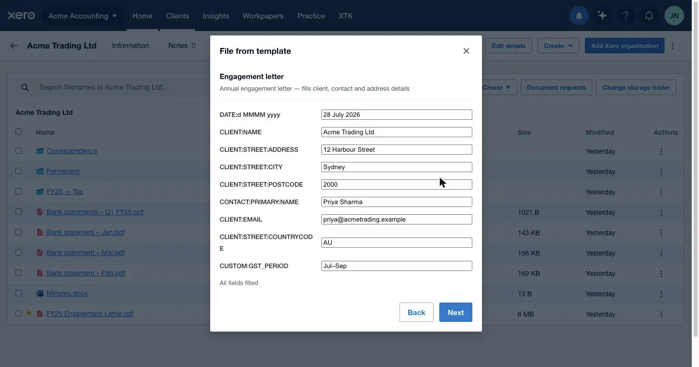 The placeholder fill step in XTK for Xero Practice Manager with client name, address, contact and date fields auto-filled and All fields filled shown underneath