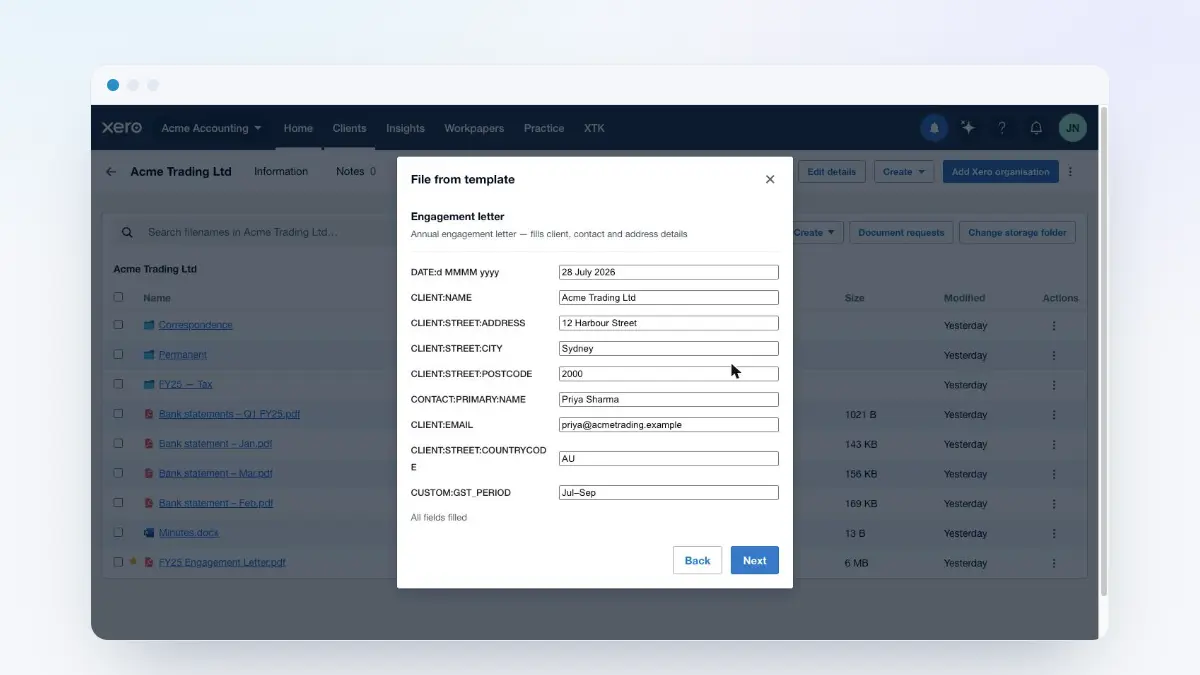 XTK's File from template dialog in Xero Practice Manager with every placeholder auto-filled from the client's details