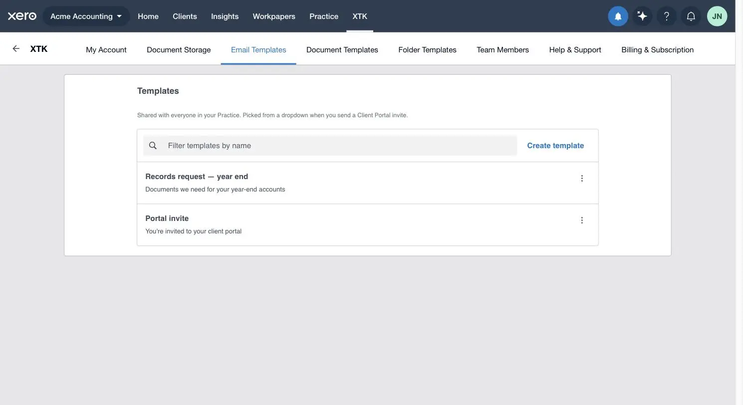 The Email Templates tab in XTK's panel inside Xero Practice Manager, listing the practice's shared email templates with a filter box and a Create template button