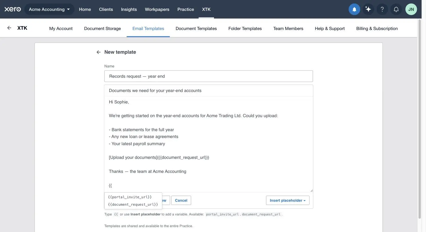 Typing two braces in XTK's email template body opens the template variable autocomplete listing portal_invite_url and document_request_url