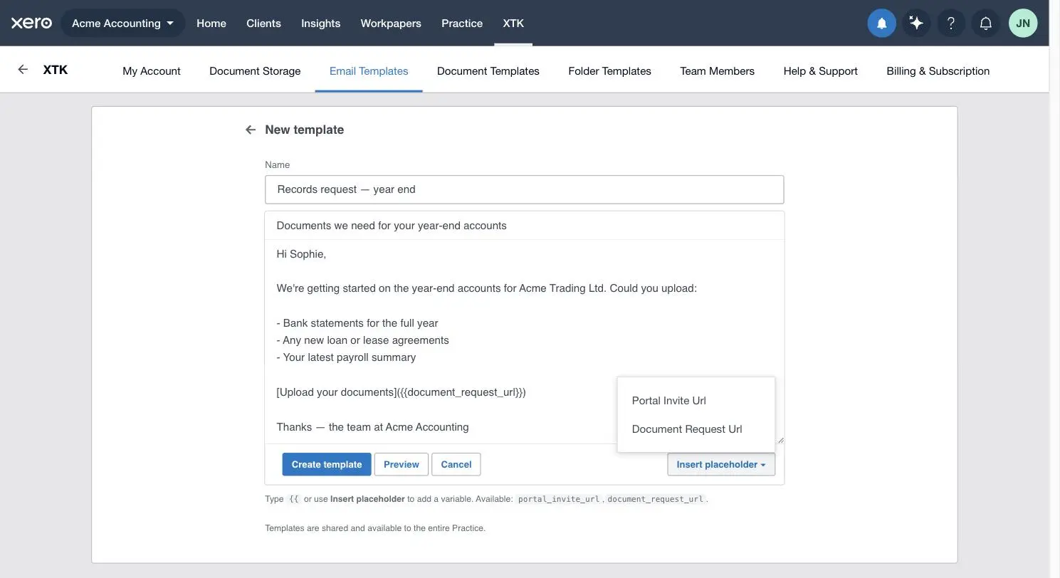 The Insert placeholder dropdown open in XTK's email template editor showing Portal Invite Url and Document Request Url