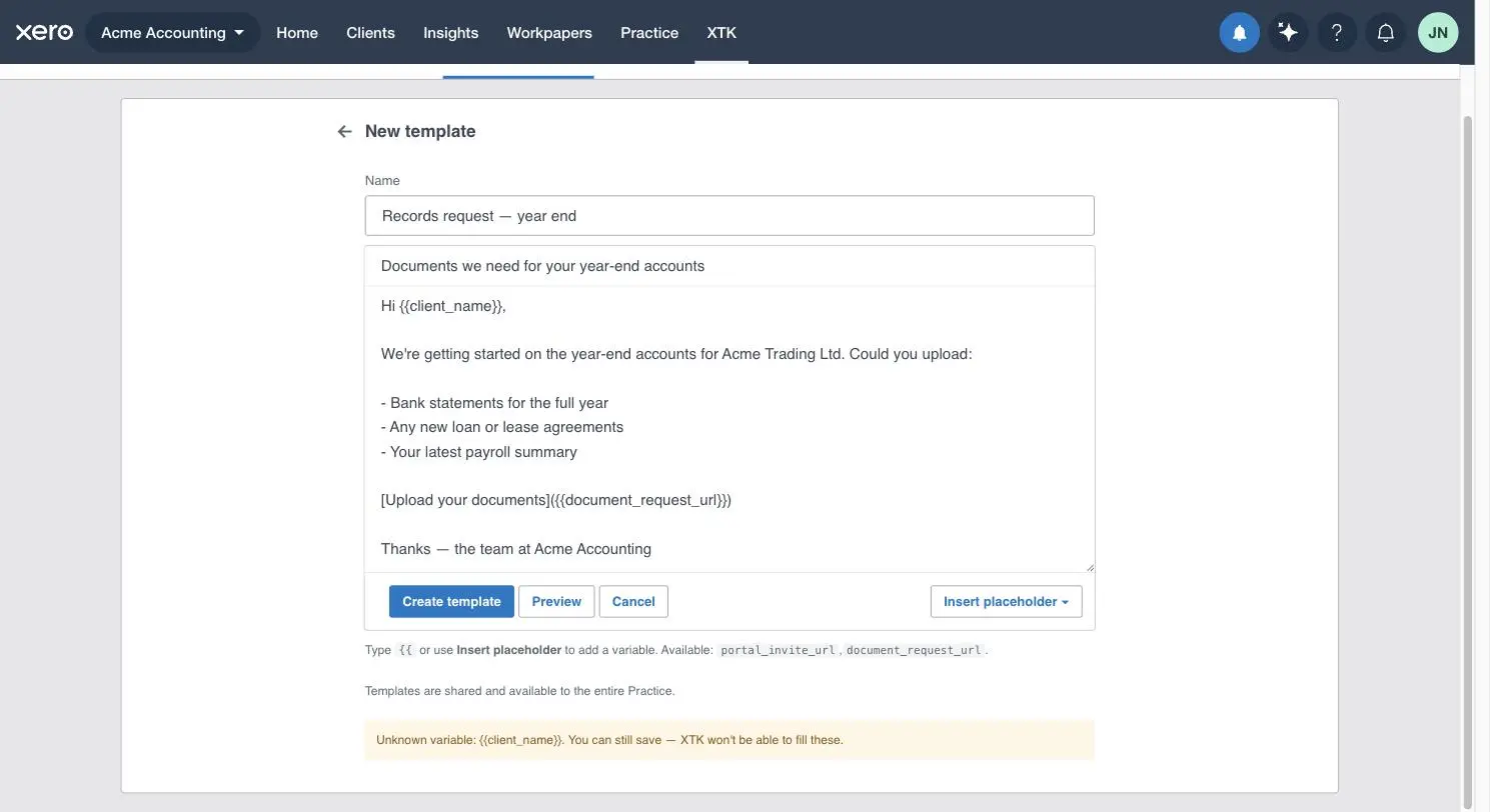 XTK's email template editor warning that a template variable is unknown and won't be filled, while still allowing the template to be saved