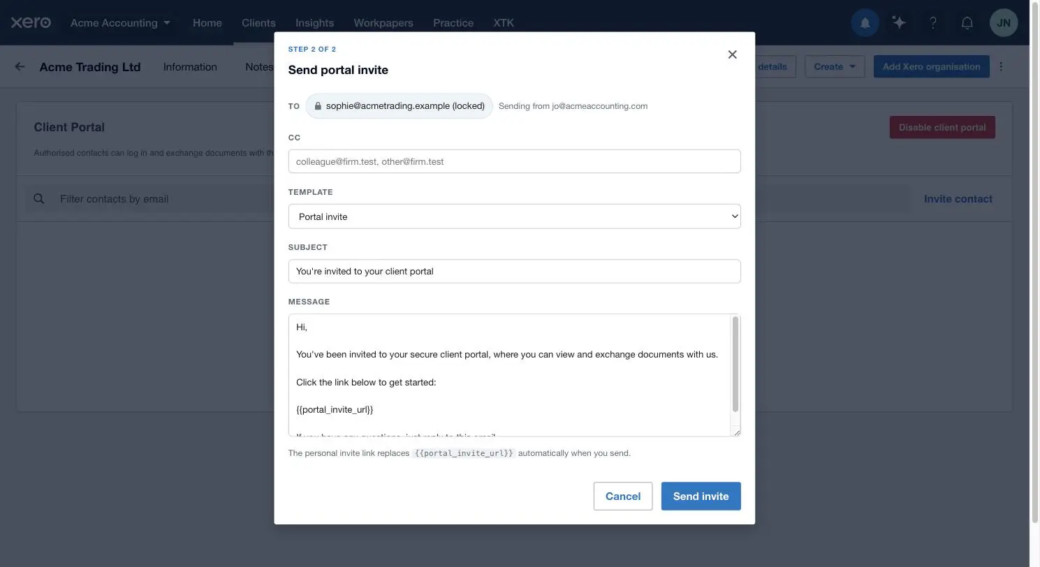 The client portal invite compose box in XTK with the Template dropdown selecting a shared email template, and the portal_invite_url variable in the message body awaiting the personal link that is inserted on send