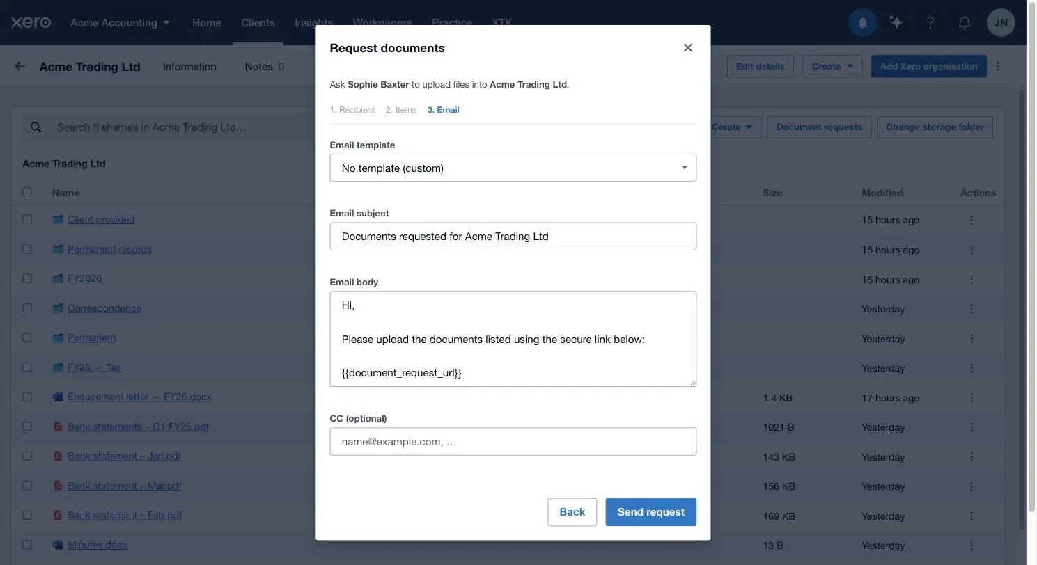 The Email template dropdown on the compose step of XTK's Request documents wizard in Xero Practice Manager