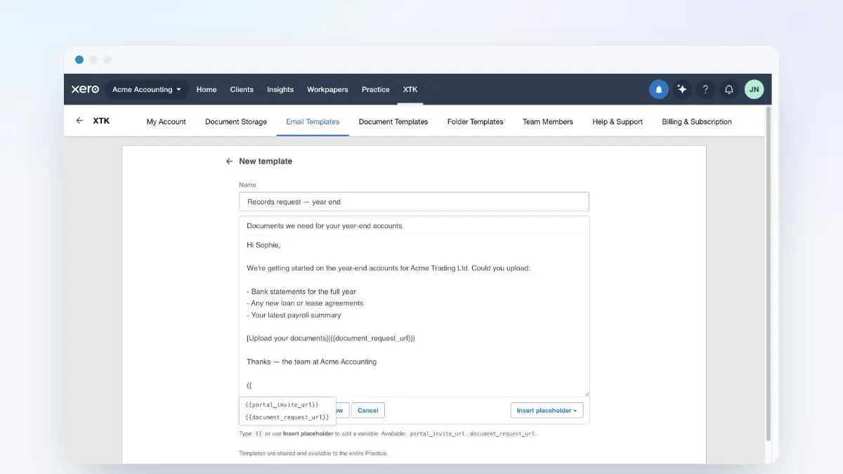 XTK's email template editor in Xero Practice Manager with a subject, markdown body and the portal_invite_url template variable autocomplete open